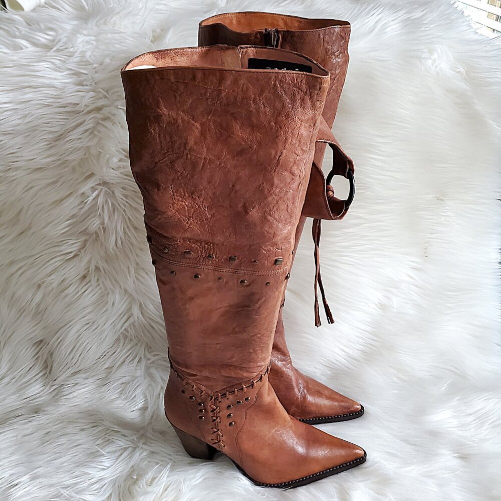 Andre' Cognac Leather Riding Studded Side Zipper Knee High Boot SZ 8 - Picture 3 of 16